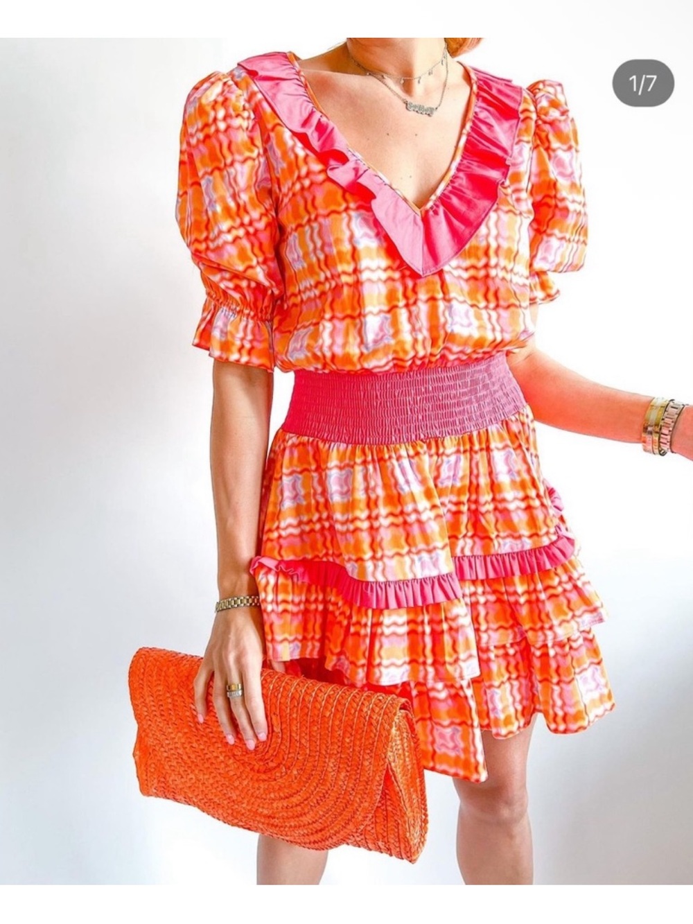 Alden Adair Kelsey Ruffle Mini Dress Orange Plaid Size Medium